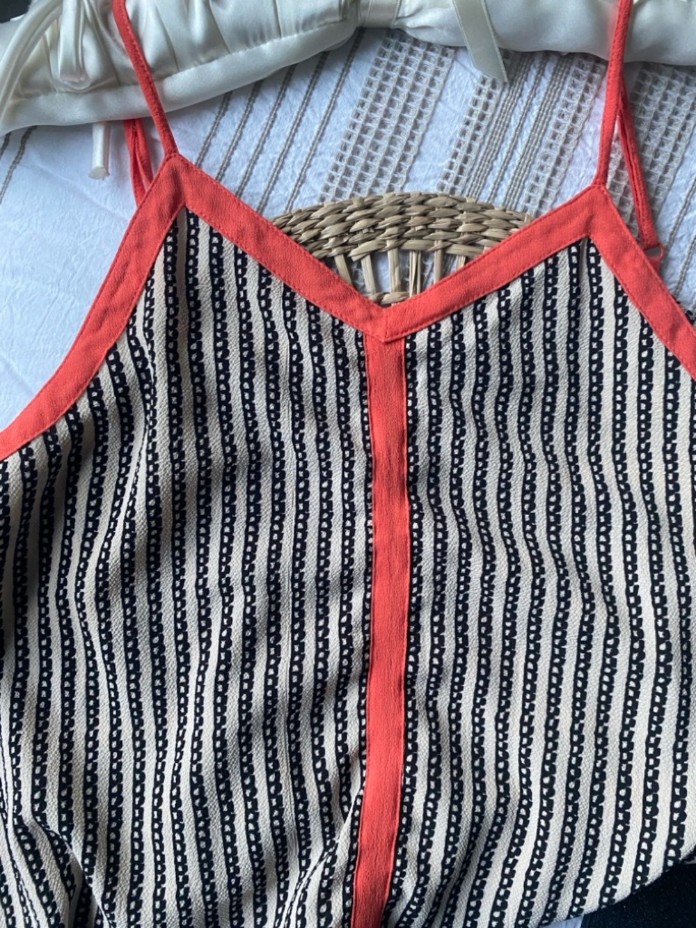 Anthropologie THML Striped Black & Cream Boho Camisole with Coral Trim